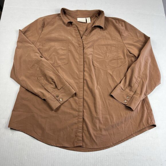 Chicos Button Down Shirt XL (3) Brown Long Sleeve Roll Tab Workwear Utility Top - Picture 1 of 12